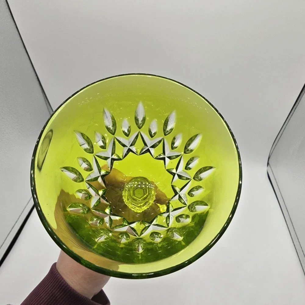 Vtg Crystal Wine Goblet Glass Green Cut‎ Glass Unknown Maker